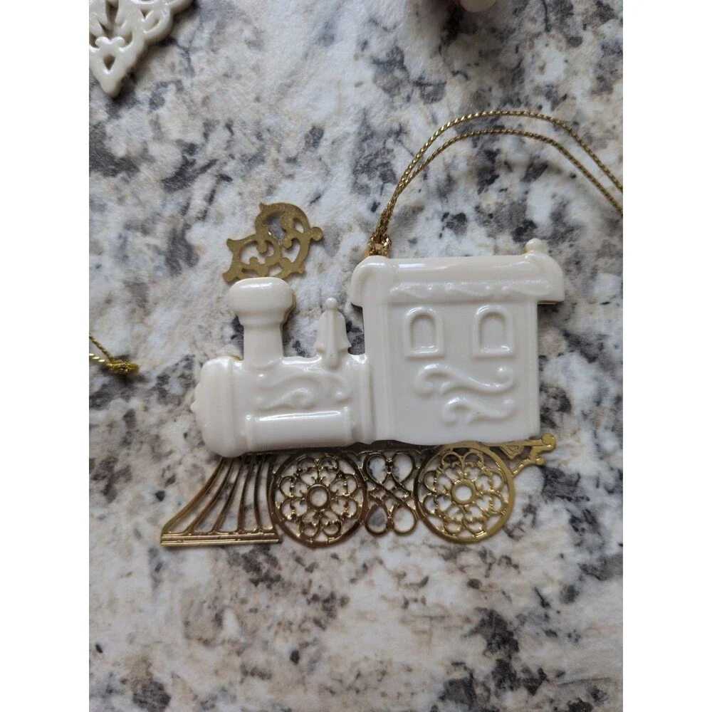 Lot of 7 Vintage Lenox Porcelain Ivory Christmas Ornaments Santa Train Bell Snow